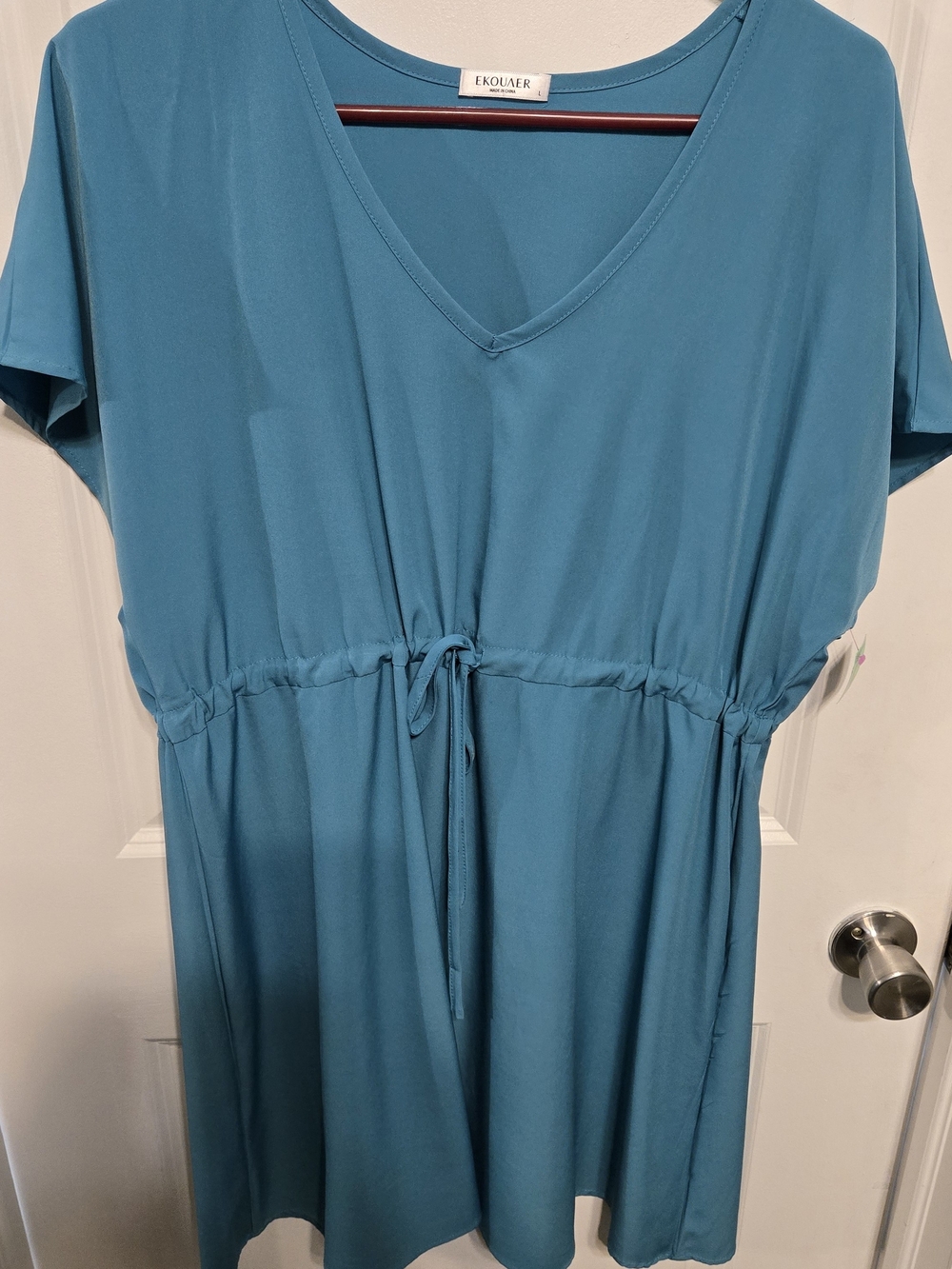 Ekouaer Teal V‑Neck Midi Dress with Drawstring Waist